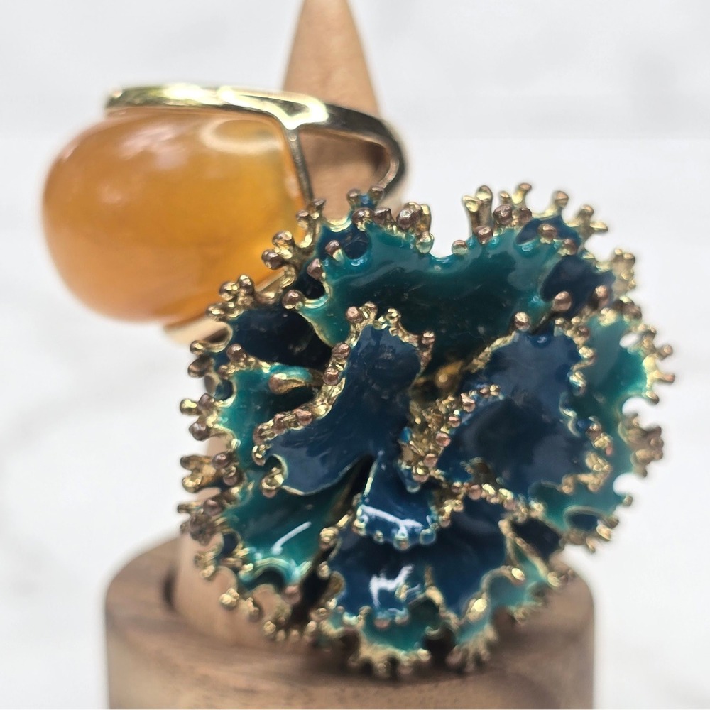 Vintage RA Signed Teal Enamel Floral Stretch Ring & Yellow Cabochon Dome Ring
